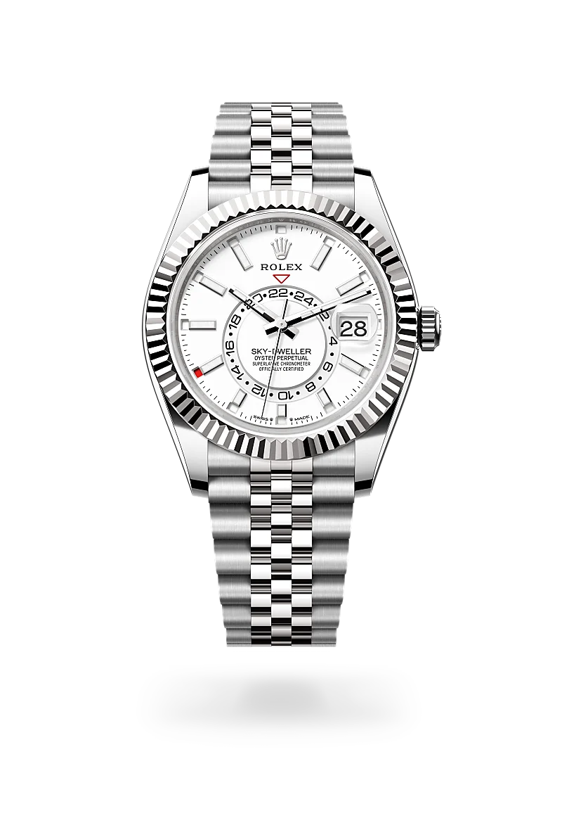 rolex Sky-Dweller em Rolesor branco – combinação de aço Oystersteel e ouro branco, M336934-0004 - Sara Joias